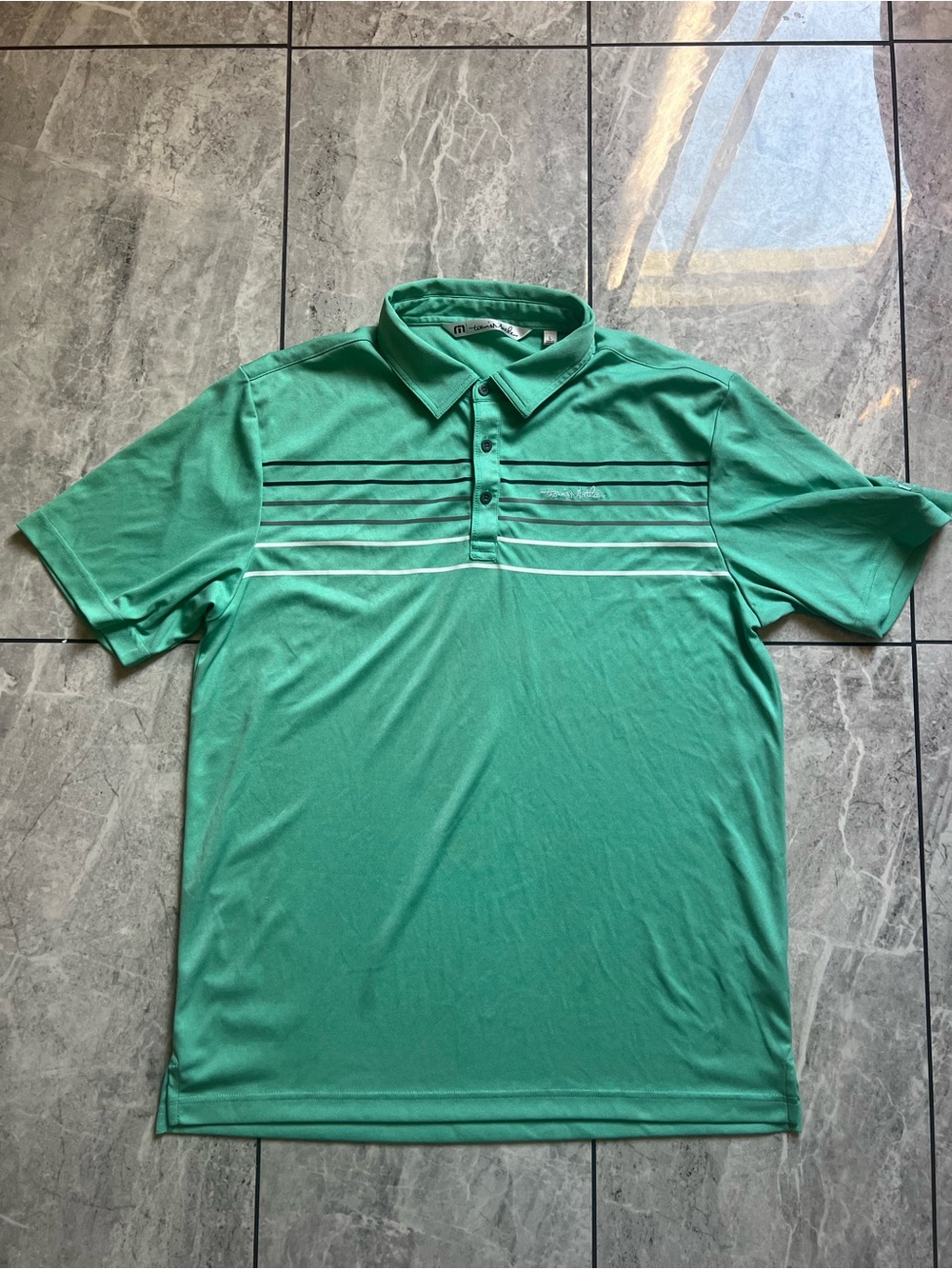 TravisMathew Mens Green Striped Golf Polo Shirt Atlantis Casino Resort Large